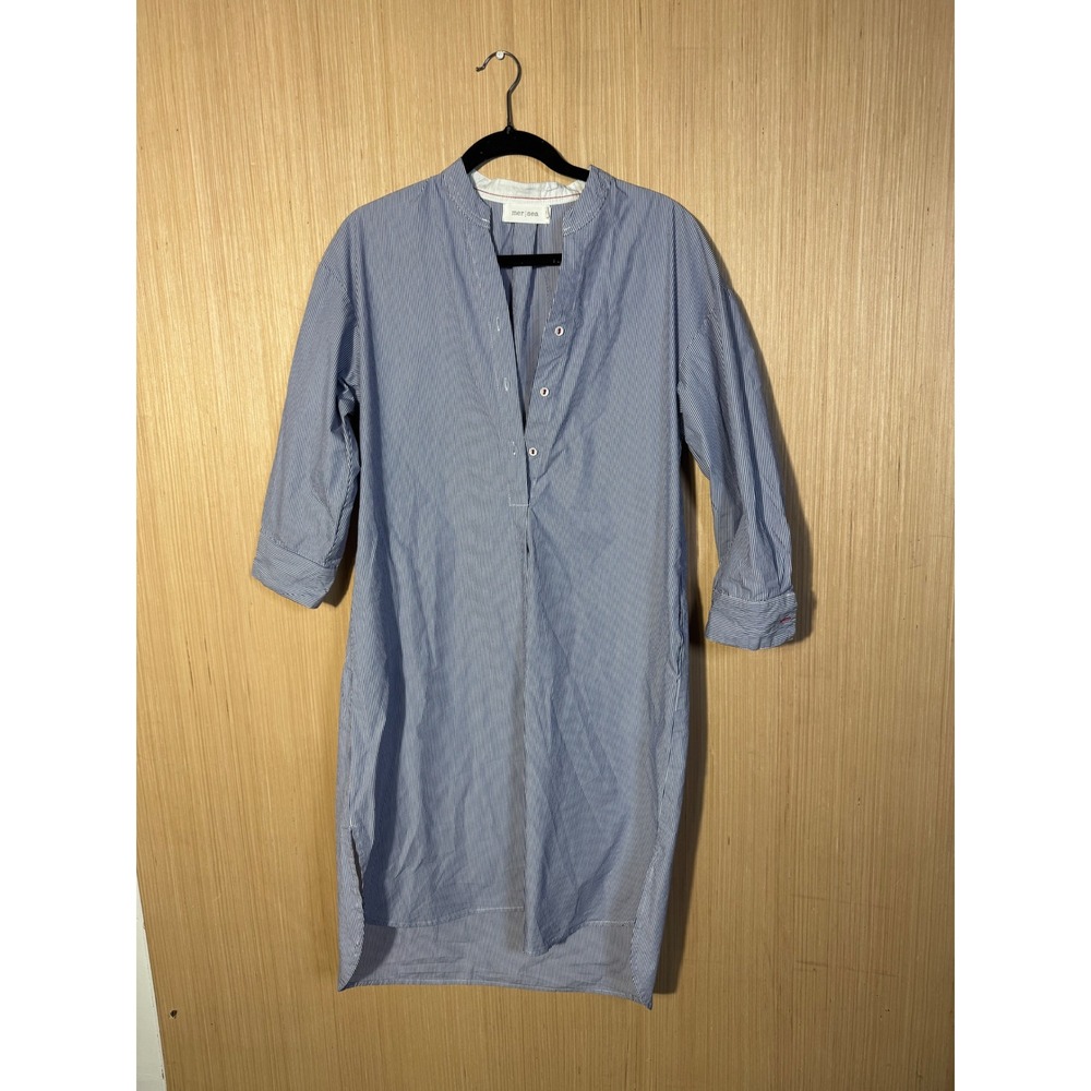 Mer-Sea Blue White Pinstripe Shirt Dress S/M Coastal V-Neck Pockets High-Low Hem